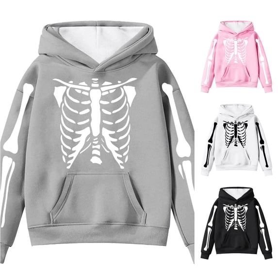 JAJAHO Halloween Hoodies For Girls Skeleton Printed Kids Long Sleeve Sweatshirts Pullover With Pocket 4-14Y