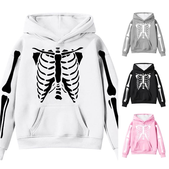JAJAHO Halloween Hoodies For Girls Skeleton Printed Kids Long Sleeve Sweatshirts Pullover With Pocket 4-14Y