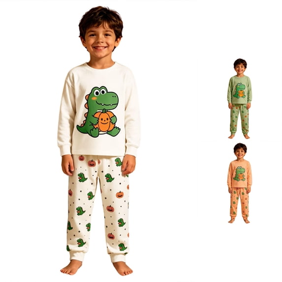JAJAHO Halloween Kids Pajamas Boy Girl Cartoon Dinosaur Long Sleeve Top And Pants Set Pumpkin 2 Piece Pjs 2-10Y