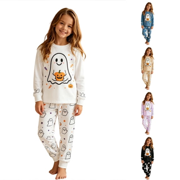 JAJAHO Halloween Kids Pajamas Boy Girl Long Sleeve Top And Pants Set Ghost Sleepwear 2 Piece Set 2-10Y