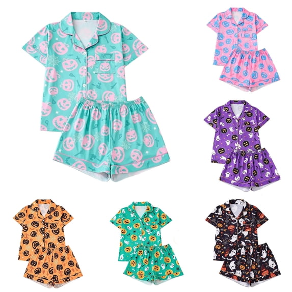 JAJAHO Halloween Kids Pajamas Girls Boys Ghost Pumpkin Pajama Short Sleeve Button Down 2 Piece Pjs 3-14Y