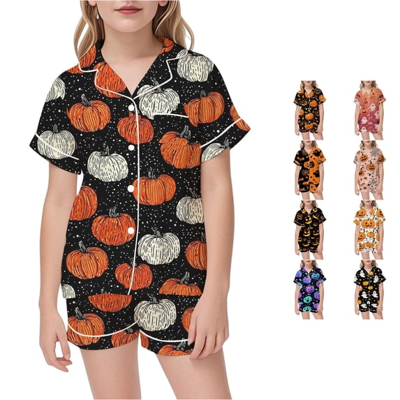 JAJAHO Halloween Kids Pajamas Set Boy Girl Pumpkin Ghost Pajama Short Sleeve Button 2 Piece Pjs 3-14Y