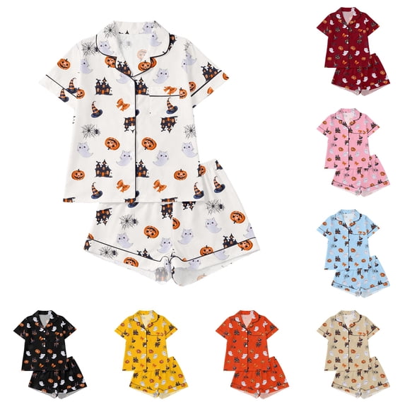 JAJAHO Halloween Kids Pajamas Set Boys Girls Pumpkin Ghost Pajama Short Sleeve Button Down 2 Piece Pjs 3-14Y