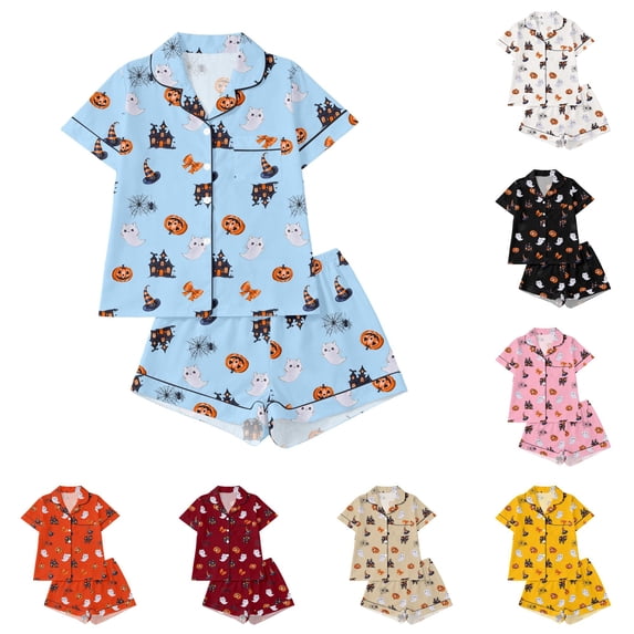 JAJAHO Halloween Kids Pajamas Set Boys Girls Pumpkin Ghost Pajama Short Sleeve Button Down 2 Piece Pjs 3-14Y