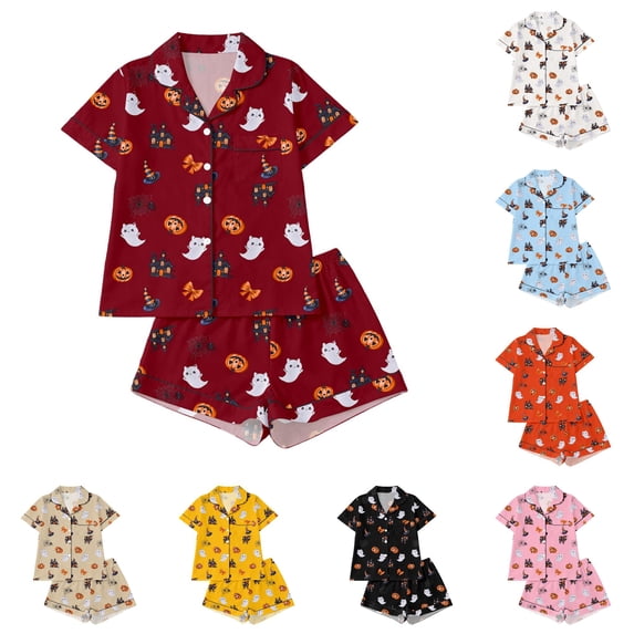 JAJAHO Halloween Kids Pajamas Set Boys Girls Pumpkin Ghost Pajama Short Sleeve Button Down 2 Piece Pjs 3-14Y