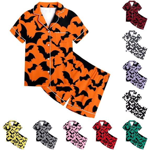 JAJAHO Halloween Pajamas Sets For Girl Short Sleeve Button Down Pjs Bat Printed Satin 2 Piece Shorts Set 2-13Y