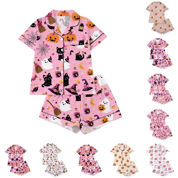 JAJAHO Halloween Pajamas Women 2 Piece Pj Set Spooky Season Matching Button Shirt With Shorts