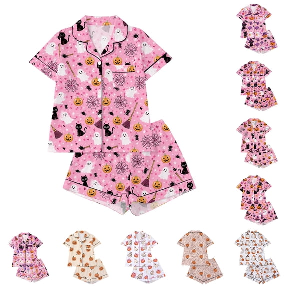 JAJAHO Halloween Pajamas Women 2 Piece Pj Set Spooky Season Matching Button Shirt With Shorts