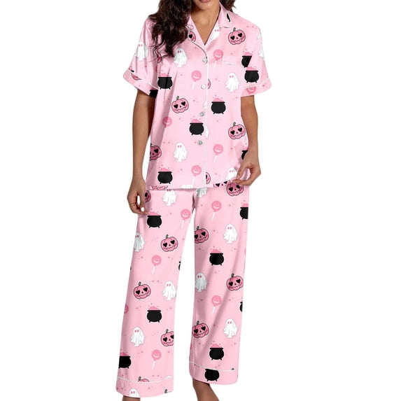 JAJAHO Halloween Pajamas Women 2 Piece Set Pumpkin Ghost Matching Button Shirt With Pants