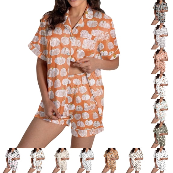 JAJAHO Halloween Women Pajama Sets Short Sleeve 2 Piece Pj Set Matching Button Shirt With Shorts