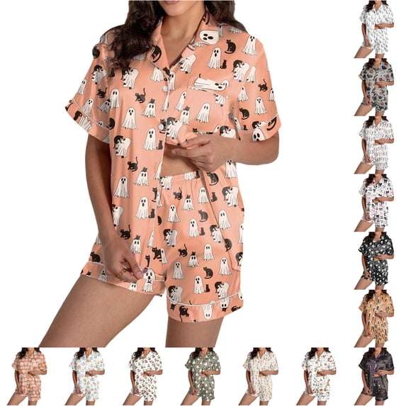 JAJAHO Halloween Women Pajama Sets Short Sleeve 2 Piece Pj Set Matching Button Shirt With Shorts