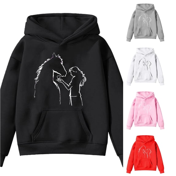 JAJAHO Hoodies For Girls Horse Printed Long Sleeve Sweatshirt Kids Loose Fit Fall Pullover Long Sleeve Tops 4-14Y