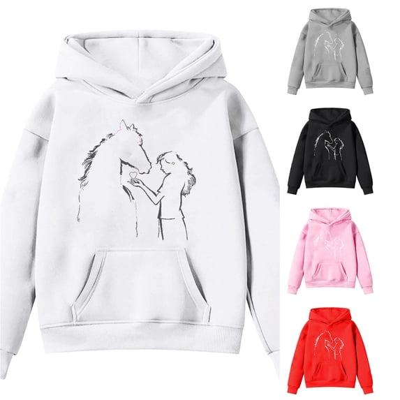 JAJAHO Hoodies For Girls Horse Printed Long Sleeve Sweatshirt Kids Loose Fit Fall Pullover Long Sleeve Tops 4-14Y