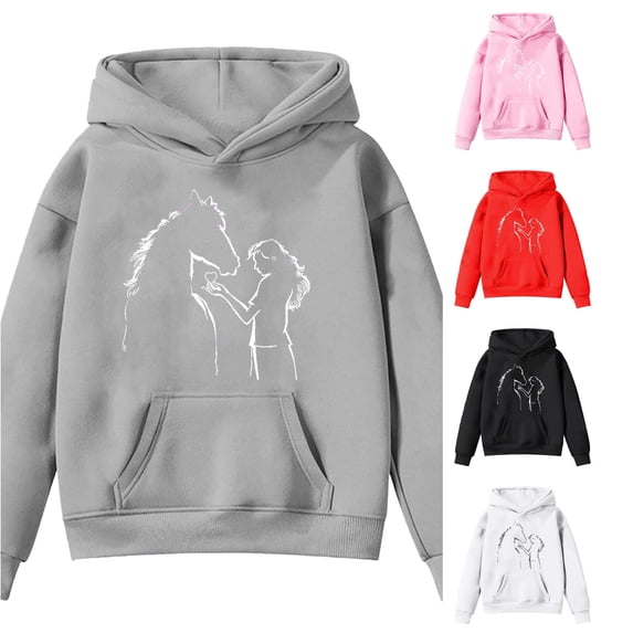JAJAHO Hoodies For Girls Horse Printed Long Sleeve Sweatshirt Kids Loose Fit Fall Pullover Long Sleeve Tops 4-14Y