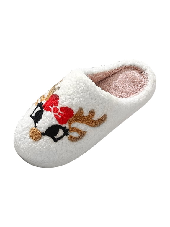 Indoor Christmas Kids Slippers Winter Warm Fuzzy Reindeer Embroidery For Boys Girls Lightweight Soft Sole Home Footwear Cozy Slippers