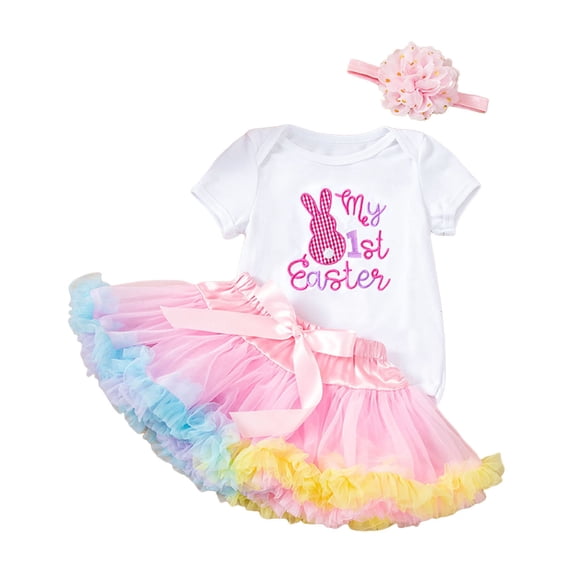 JAJAHO Infant Baby Girl Clothes Easter Toddler Girls 3 Piece Set Letter Embroidery Short Sleeve Bodysuit Tutu Skirts With Headband 0-24 Months Holiday Celebration Soft Outfit