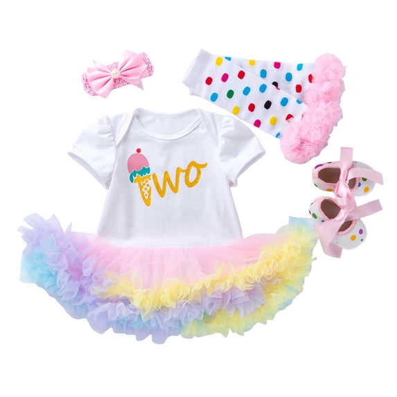 JAJAHO Baby Girl Clothes Toddler Kids 4 Piece Set Cute Cartoon Print Short Sleeve Letter Tutu Dress With Headband Shoes Leg Warmers 0-24 Months Versatile Outfit