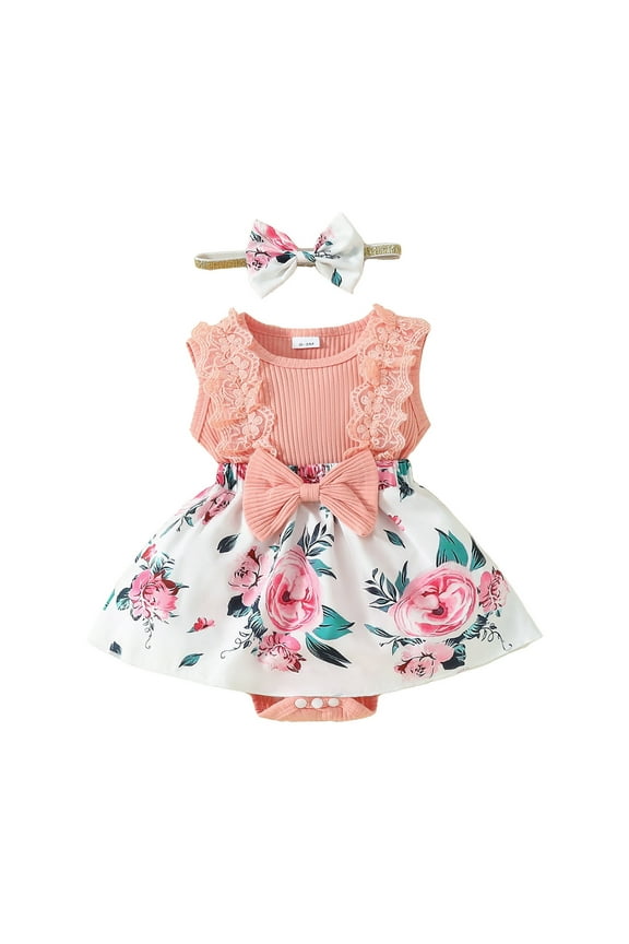 Infant Baby Girl Clothes Toddler Romper Sleeveless Ribbed Bowknot Floral Print Ruffle Bodysuits Dress With Headband 2PCS Set Stylish One-Pieces