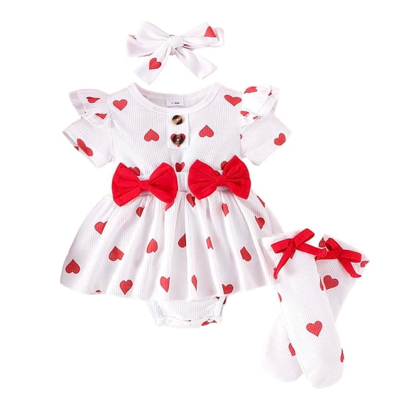 JAJAHO Infant Romper Baby Girl Clothes Valentine's Day Outfits Heart Print Short Sleeve Bodysuit With Headband Socks 3 Piece Set Cute One-Pieces