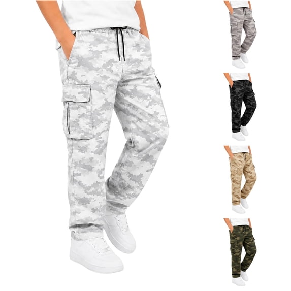 JAJAHO Kids Boys Cargo Jogger Pants With Multi Pockets Camouflage Casual Drawstring Loose Straight Leg Pants 5-16Y