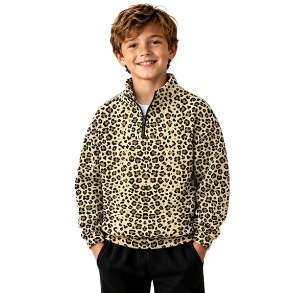 JAJAHO Kids Boys Leopard Neck Sweatshirt Quarter Zip Pullover Long Sleeve Sweatshirts 2-14Y