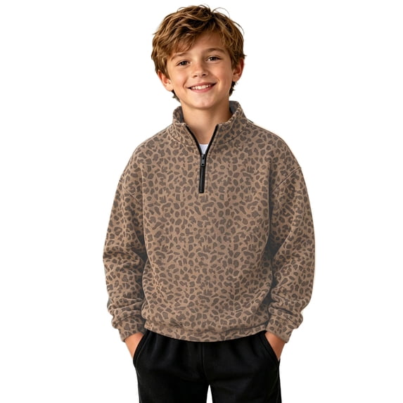 JAJAHO Kids Boys Leopard Neck Sweatshirt Quarter Zip Pullover Long Sleeve Sweatshirts 2-14Y