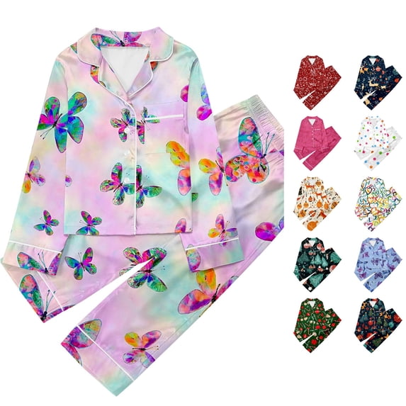 JAJAHO Kids Pajamas Set Butterfly Print Long Sleeve Button Down 2 Piece Pjs For Boys Girls 3-14Y