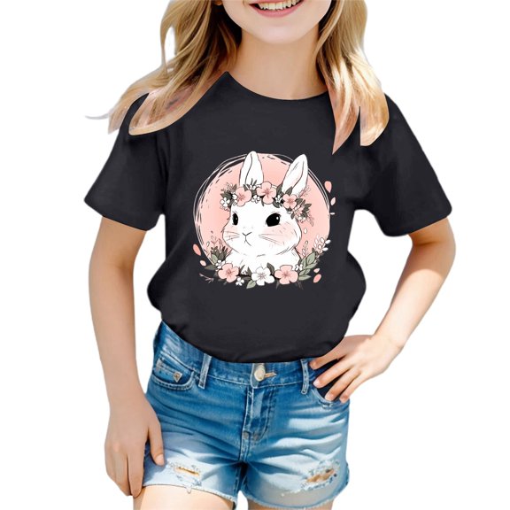 JAJAHO Kids Easter Shirts For Girls T Shirt Rabbit Toddler Short Sleeve Crewneck Loose Fit Tees 1-13Y Comfortable Tops