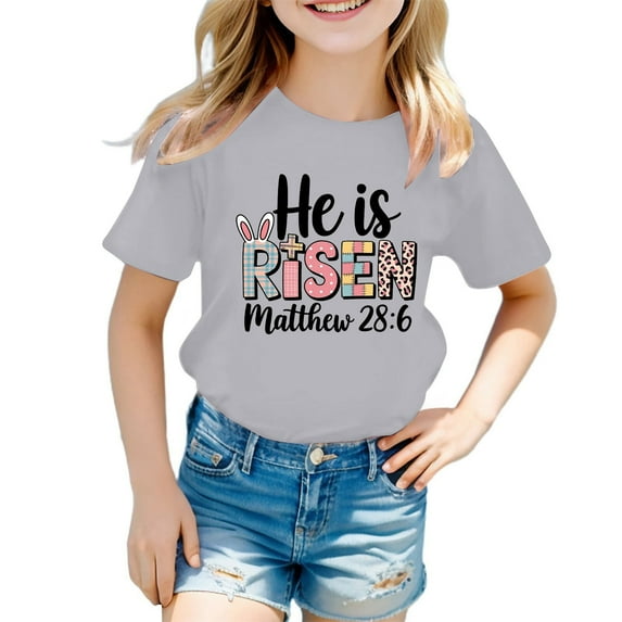JAJAHO Kids Easter T Shirt Cotton Short Sleeve Letter Print Cute Easter Crew Neck Boys Girls Tees Ages 2-8 Years Holiday Tops