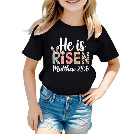 JAJAHO Kids Easter T Shirt Cotton Short Sleeve Letter Print Cute Easter Crew Neck Boys Girls Tees Ages 2-8 Years Soft Tops