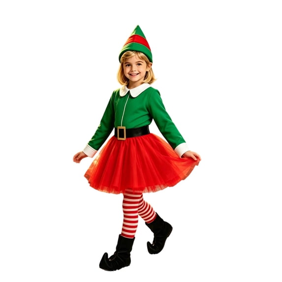 JAJAHO Kids Girls Christmas Elf Dress Up 5 Piece Set Xmas Holiday Elf Dress Outfit For 3-14Y