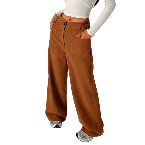 JAJAHO Kids Girls Corduroy Wide Leg Pants Button Front Zipper Elastic Waistband Pants With Pockets For 5-14 Years Cozy Trousers