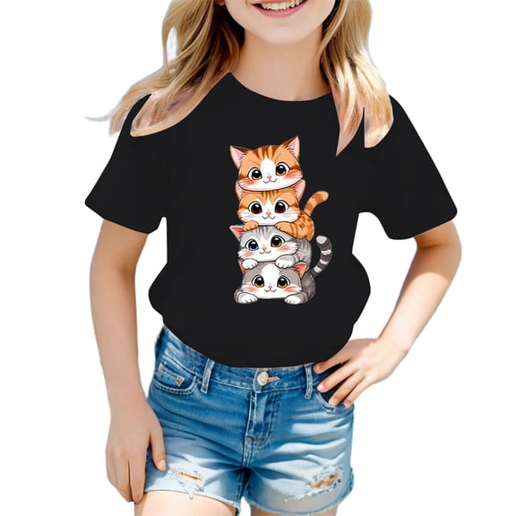 JAJAHO Kids Girls Cute Graphic Tee Cat Printed Round Neck Short Sleeve Summer Casual T Shirt 3-12Y Soft Tops
