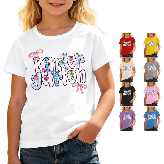 JAJAHO Kids Girls First Day Of Kindergarten Shirt Back to School Tees Tops Short Sleeve Crew Neck T Shirts