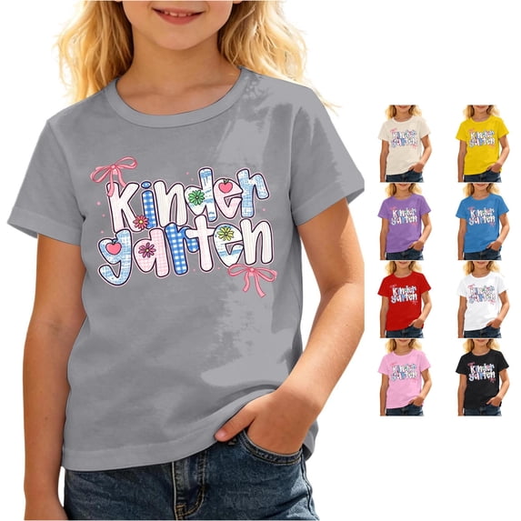 JAJAHO Kids Girls First Day Of Kindergarten Shirt Back to School Tees Tops Short Sleeve Crew Neck T Shirts