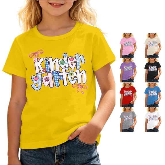 JAJAHO Kids Girls First Day Of Kindergarten Shirt Back to School Tees Tops Short Sleeve Crew Neck T Shirts