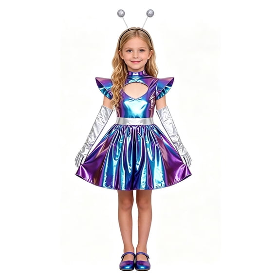 JAJAHO Kids Girls Halloween Aliens Outfit Metallic Dresses And Gloves Set, Sizes 5-11Y