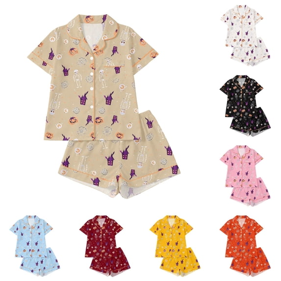 JAJAHO Kids Girls Halloween Pajama Set Skeleton Print Short Sleeve Lapel Button‑Down Top And Shorts Sleepwear 2 Piece Pjs 3-14Y