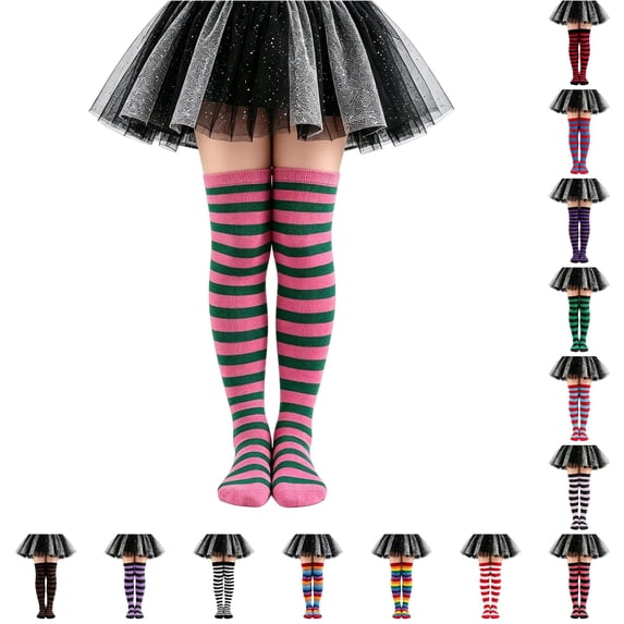 JAJAHO Kids Girls Halloween Socks Striped Thigh High Socks Over The Knee Long Stockings 6-12Y