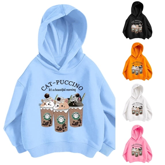 JAJAHO Kids Girls Hoodies 3-12Y Long Sleeve Cute Cartoon Cat Printed Hooded Sweatshirts Lightweight Fall Pullover Tops