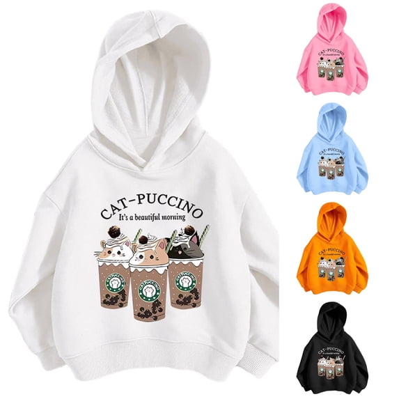 JAJAHO Kids Girls Hoodies 3-12Y Long Sleeve Cute Cartoon Cat Printed Hooded Sweatshirts Lightweight Fall Pullover Tops