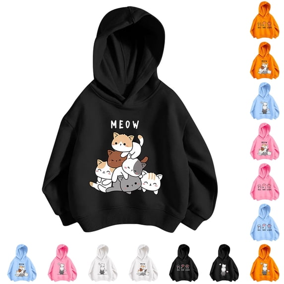 JAJAHO Kids Girls Hoodies Cute Cat Printed Long Sleeve Hooded Sweatshirts Loose Fit Fall Pullover Tops 3-12Y