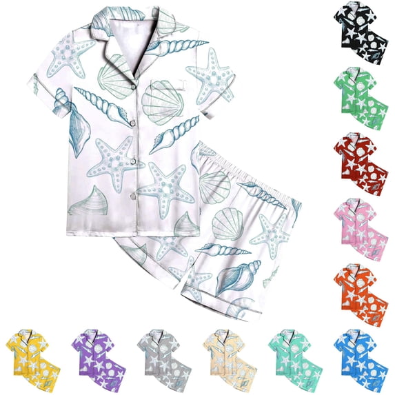 JAJAHO Kids Girls Pajama Sets Ocean Animal Printed Short Sleeve Satin Sleepwear Summer Loungewear Shorts Set 2-13Y