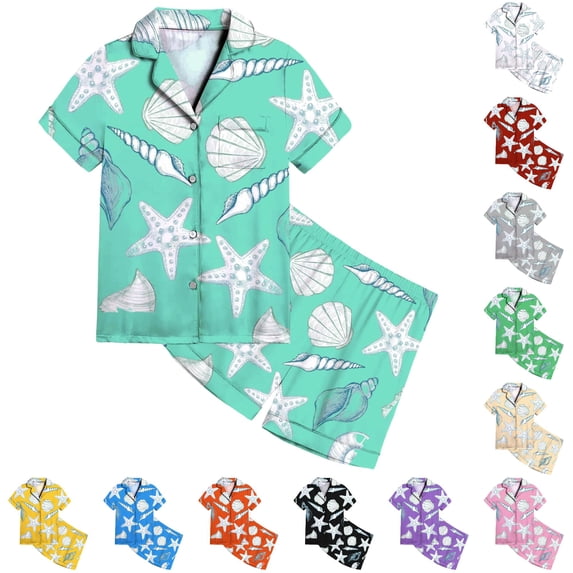 JAJAHO Kids Girls Pajama Sets Ocean Animal Printed Short Sleeve Satin Sleepwear Summer Loungewear Shorts Set 2-13Y