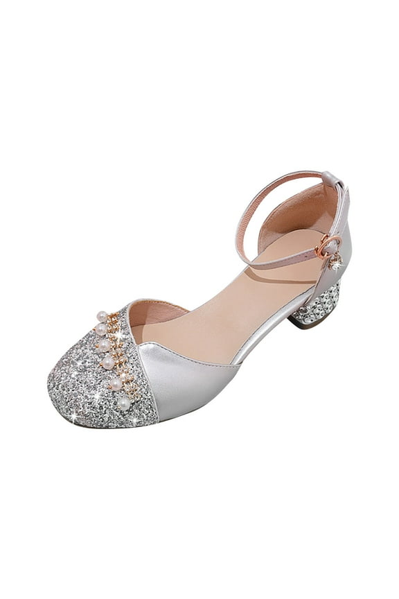Kids Girls Pointy Toe Dress Shoes Pearl Glitter Sequins Princess Pumps Hook And Loop Party Wedding Prom Mary Jane Low Heels Stylish Shoes