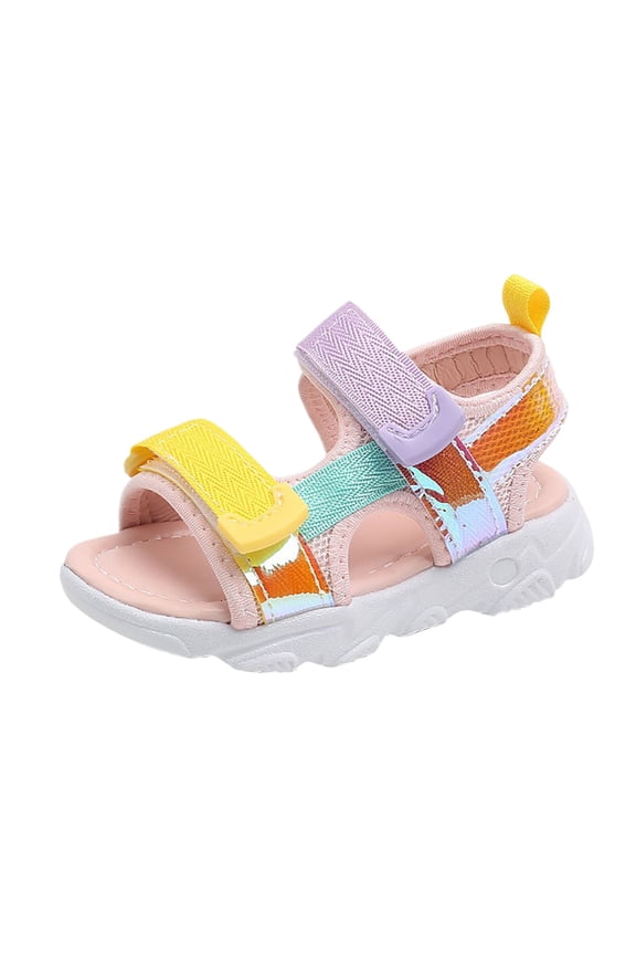 Kids Girls Sandals Summer Open Toe Metallic Fashion Beach Shoes Non- Soft Sole Hook And Loop Breathable Versatile Shoe
