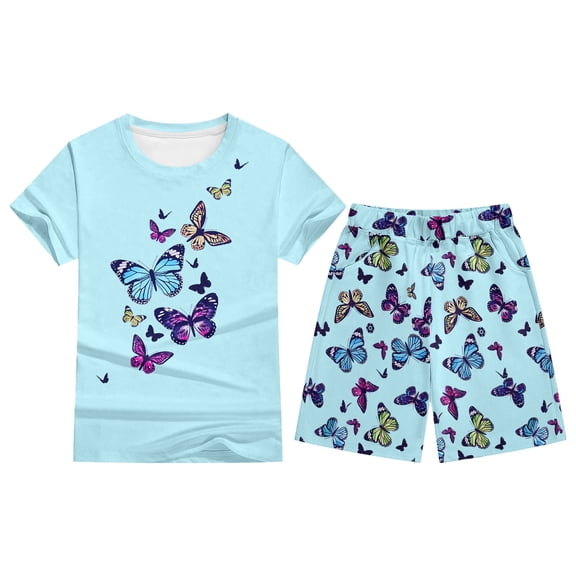JAJAHO Kids Girls Summer 2 Piece Outfits Butterfly Printed Short Sleeve T Shirt And Shorts Set Ages 2-12Y Cute Outfit