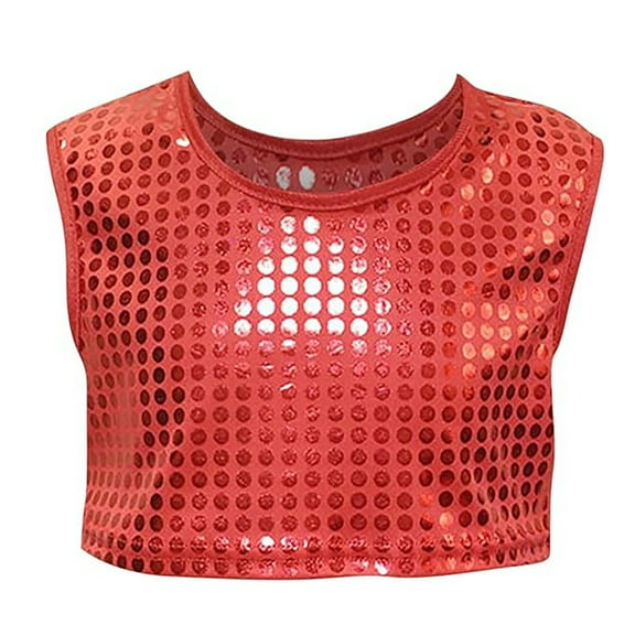 JAJAHO Kids Glitter Crop Tops Sparkly Sequin Performance Sleeveless Tank Top Tee Carnival Dance Casual Wear 4-18 Years Cozy Tops