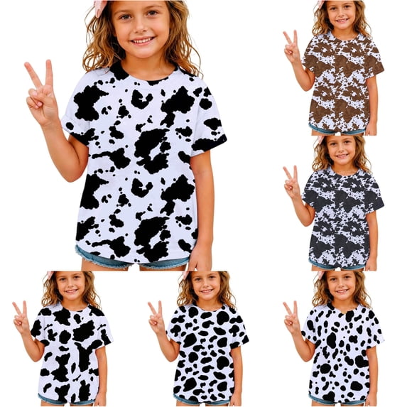 JAJAHO Kids Graphic Tees Boys Girls Cow Print Short Sleeve T Shirt Cute Pattern Top Back To School Clothes 2-13Y