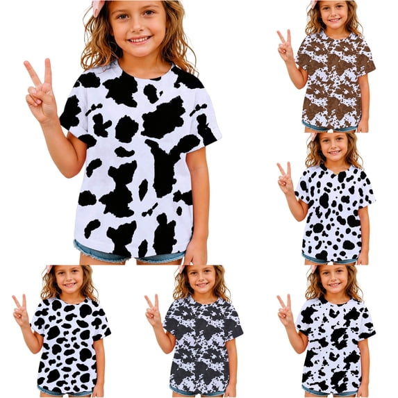 JAJAHO Kids Graphic Tees Boys Girls Cow Print Short Sleeve T Shirt Cute Pattern Top Back To School Clothes 2-13Y
